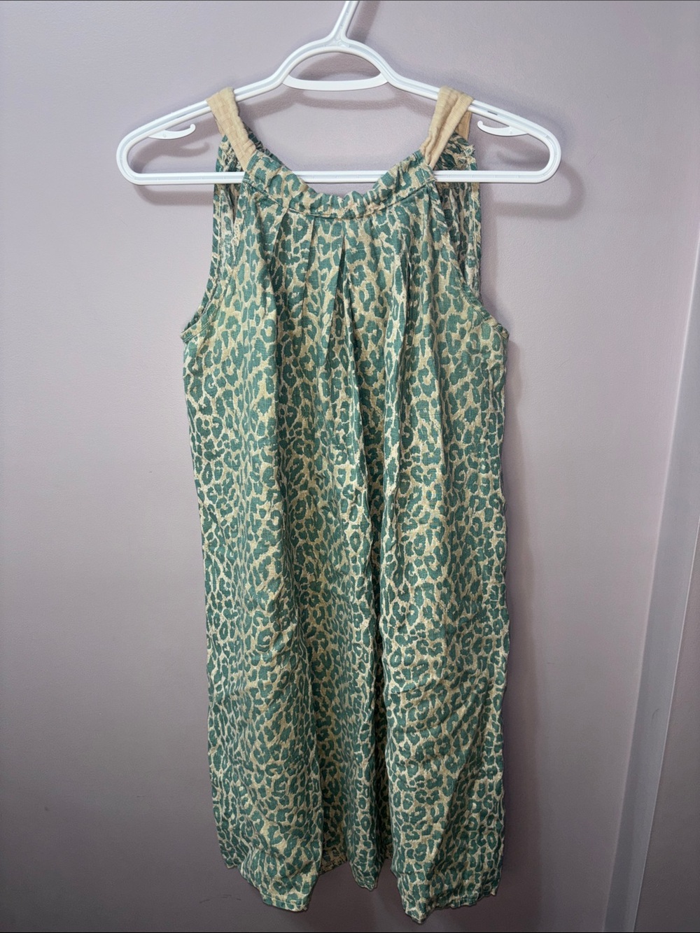 Bellambra Teal Linen Leopard Print Pleated Halter Dress Sz Medium